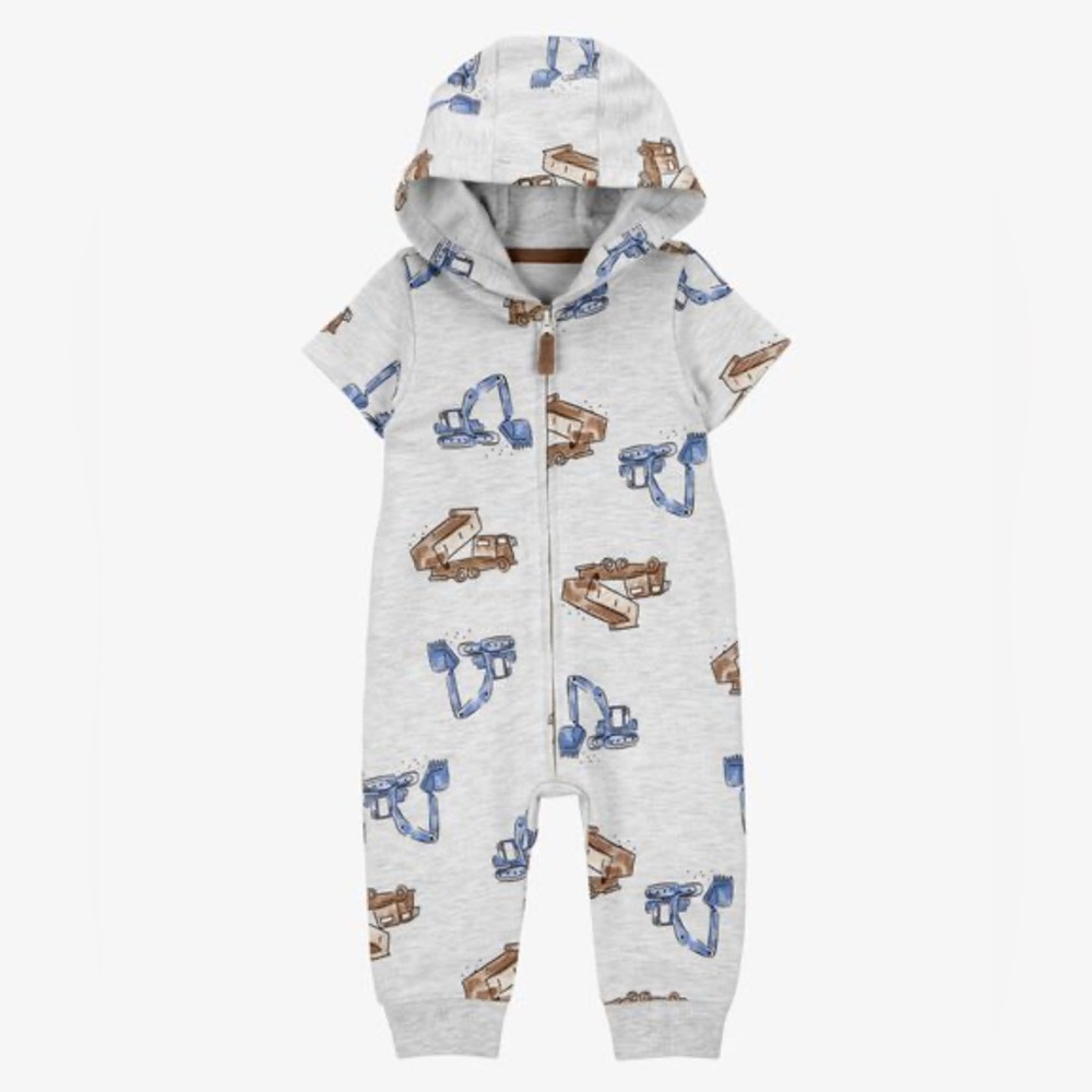 Gray Hooded Baby Romper with Construction Print